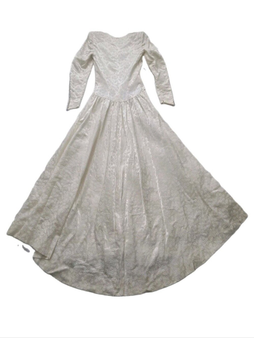 Vtg 80s Floral Ivory Satin Jacquard Wedding Gown, Button, Scallop, Train, XS - Picture 2 of 7